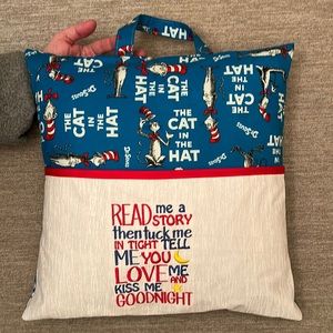 Handmade “Cat in the Hat” reading pillow with pocket